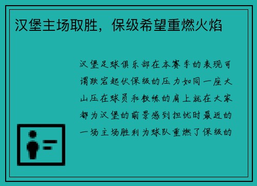 汉堡主场取胜，保级希望重燃火焰