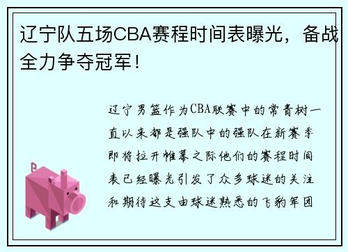 辽宁队五场CBA赛程时间表曝光，备战全力争夺冠军！