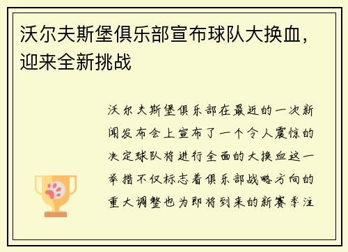 沃尔夫斯堡俱乐部宣布球队大换血，迎来全新挑战