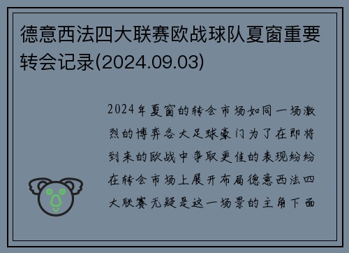 德意西法四大联赛欧战球队夏窗重要转会记录(2024.09.03)