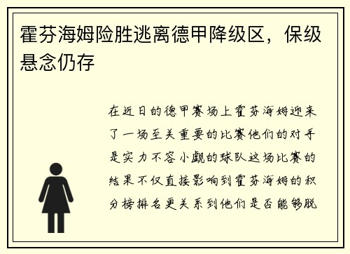 霍芬海姆险胜逃离德甲降级区，保级悬念仍存