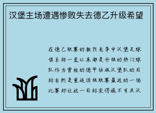 汉堡主场遭遇惨败失去德乙升级希望