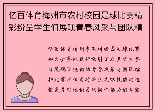 亿百体育梅州市农村校园足球比赛精彩纷呈学生们展现青春风采与团队精神