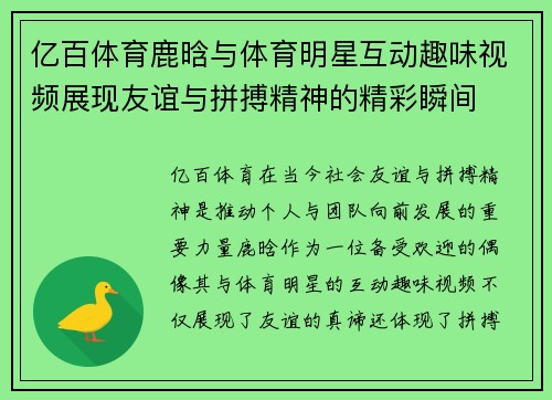 亿百体育鹿晗与体育明星互动趣味视频展现友谊与拼搏精神的精彩瞬间