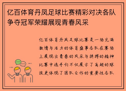 亿百体育丹凤足球比赛精彩对决各队争夺冠军荣耀展现青春风采